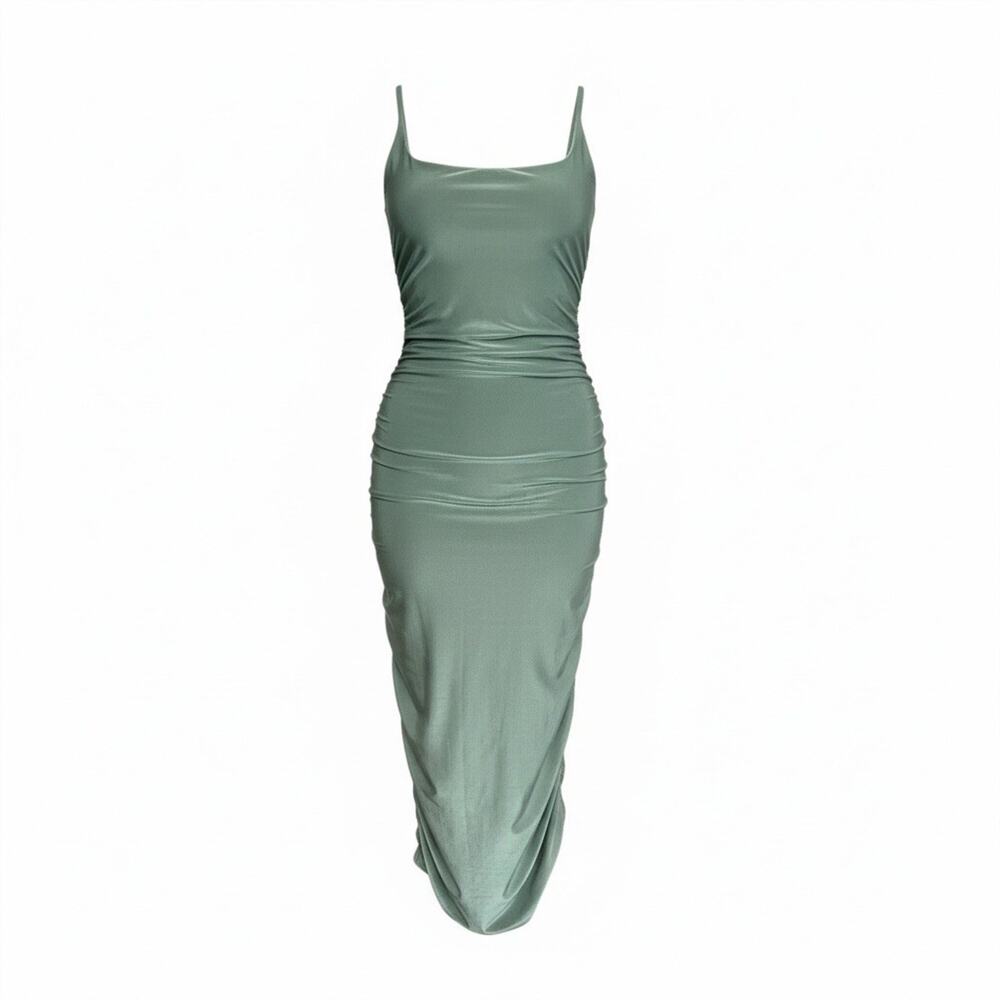 Missguided Olive Green Spaghetti Strap Ruched Bodycon Midi Dress US 6